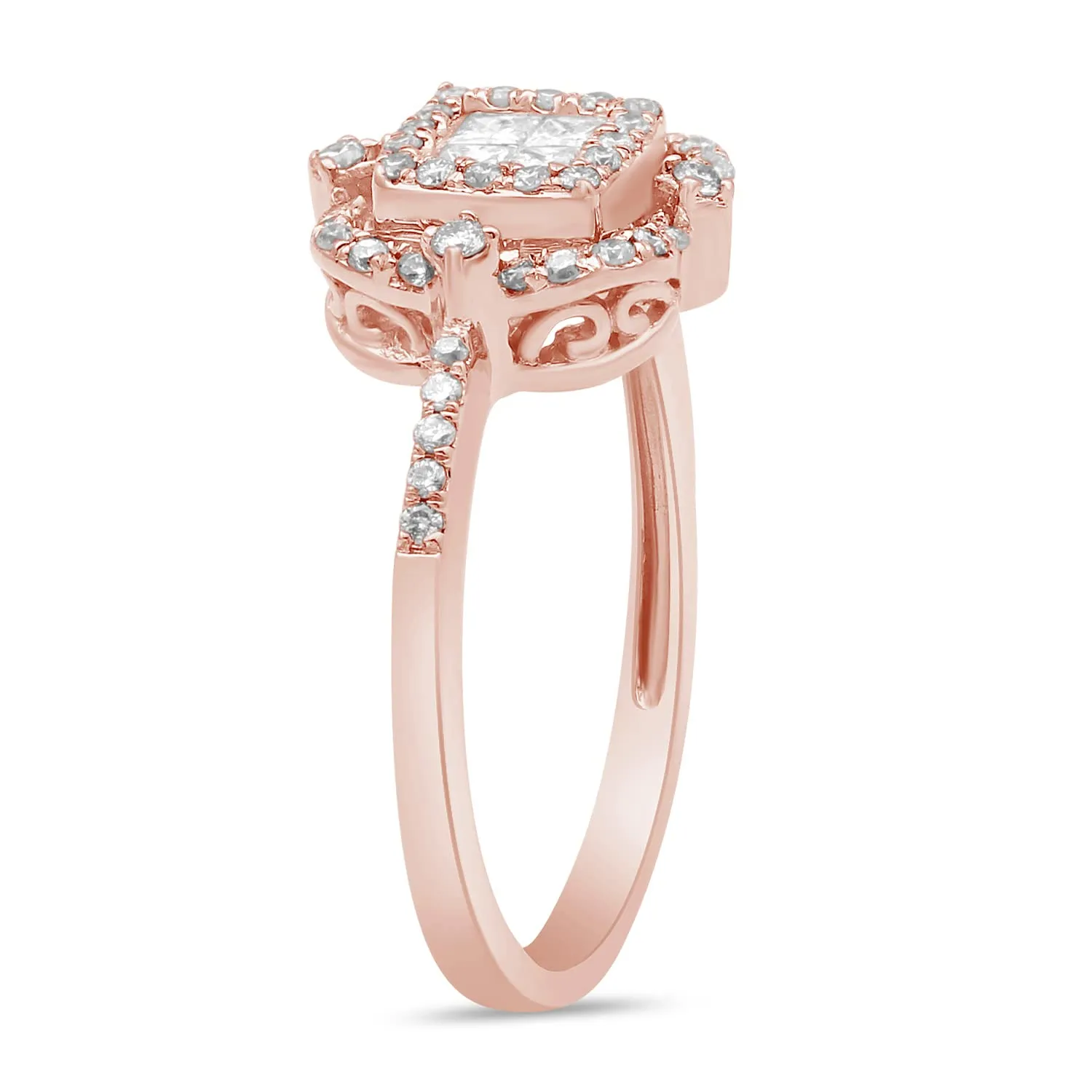 Jewelili 14K Rose Gold With 1/2 CTTW Princess and Round Diamonds Cluster Ring