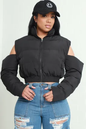 Kidding Me Exposed Shoulder Puffer Jacket - Black