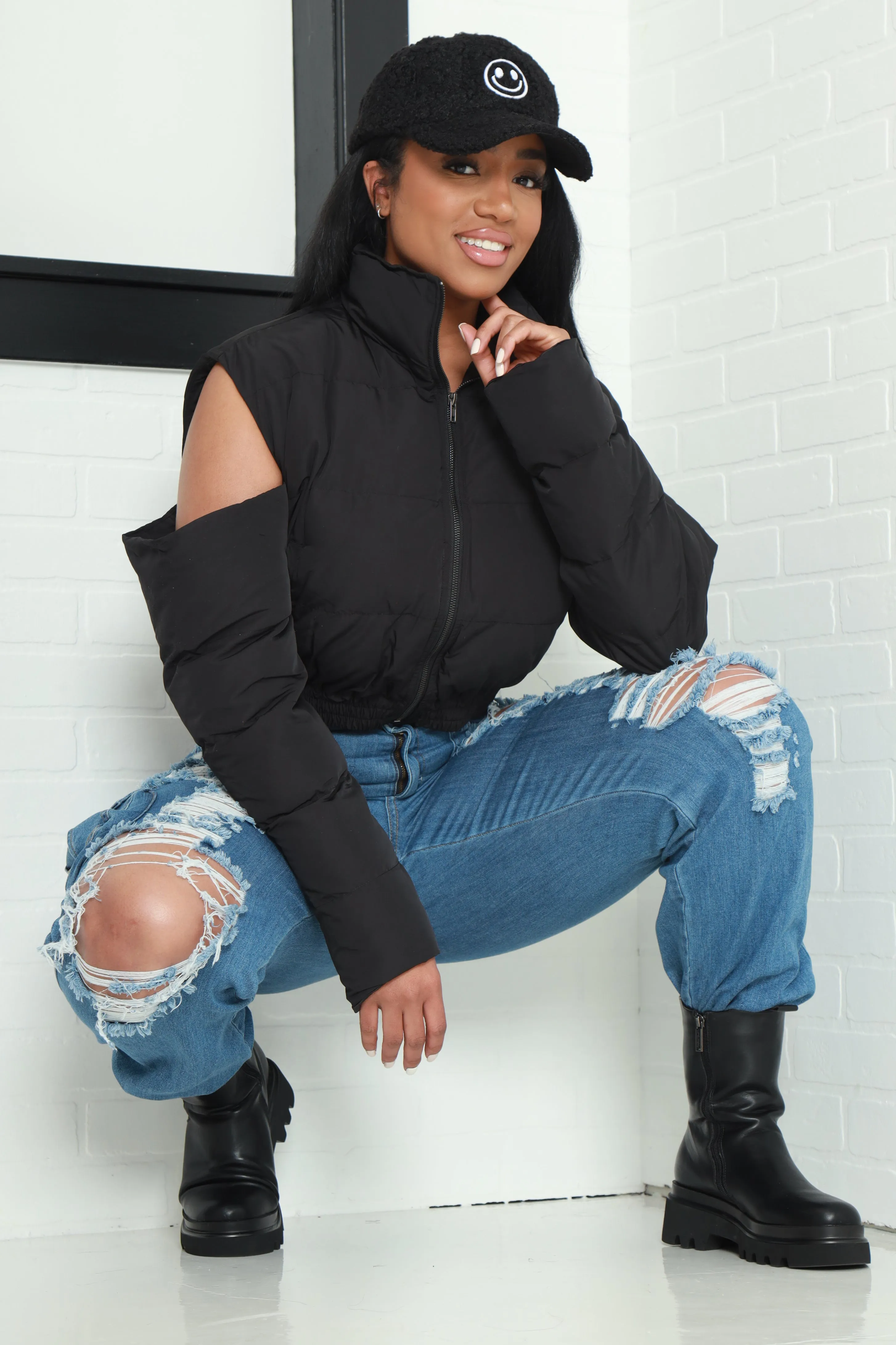 Kidding Me Exposed Shoulder Puffer Jacket - Black