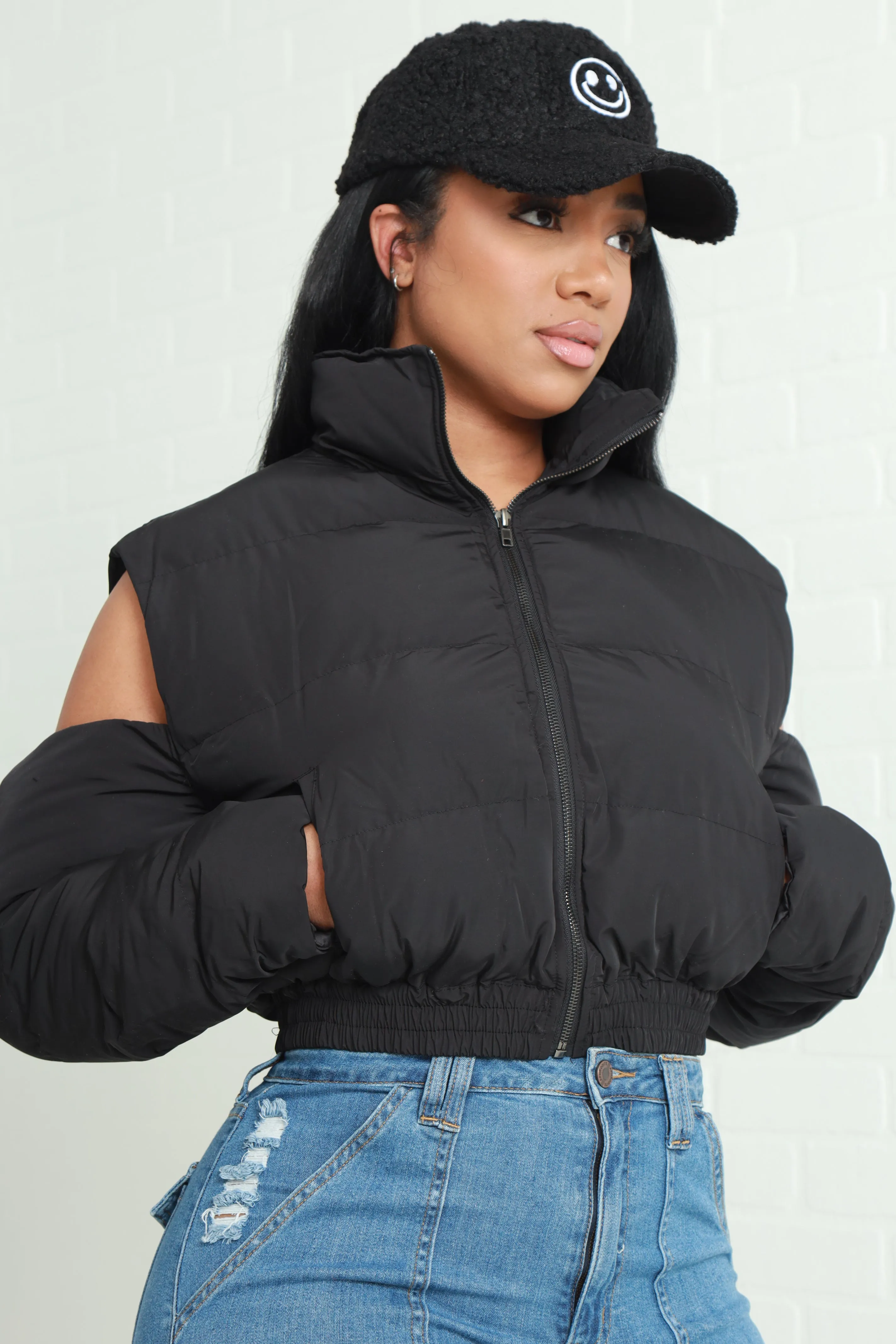 Kidding Me Exposed Shoulder Puffer Jacket - Black