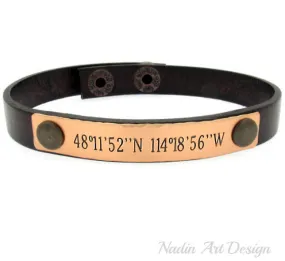 Latitude Longitude Custom Leather Bracelet for Men