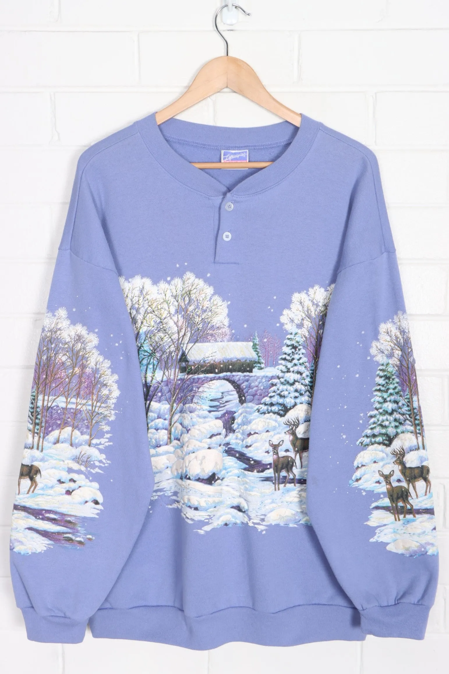 Lifestyles 90s Winter Puff Print All Over Henley Sweatshirt USA Made (L-XL)