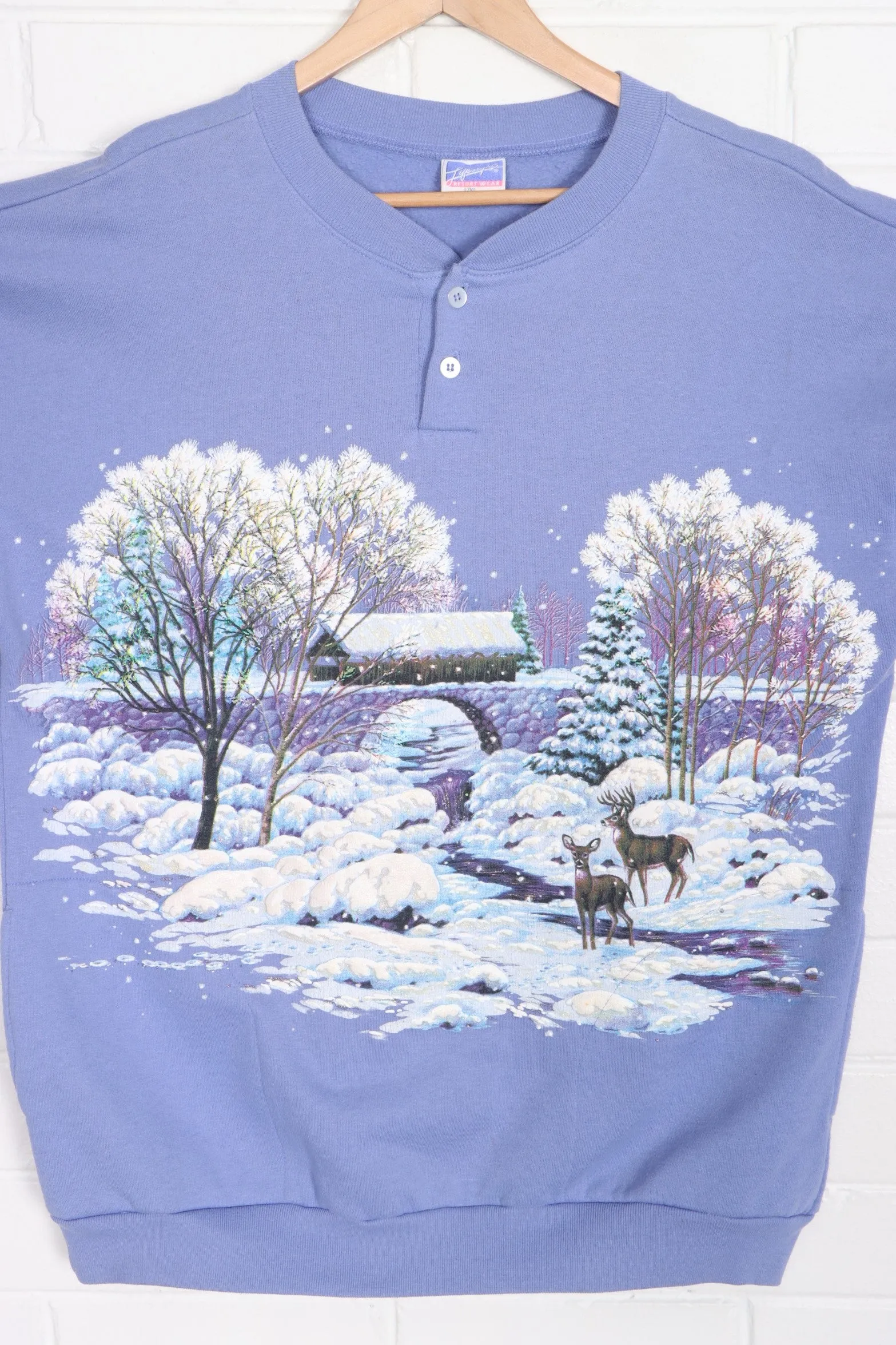 Lifestyles 90s Winter Puff Print All Over Henley Sweatshirt USA Made (L-XL)