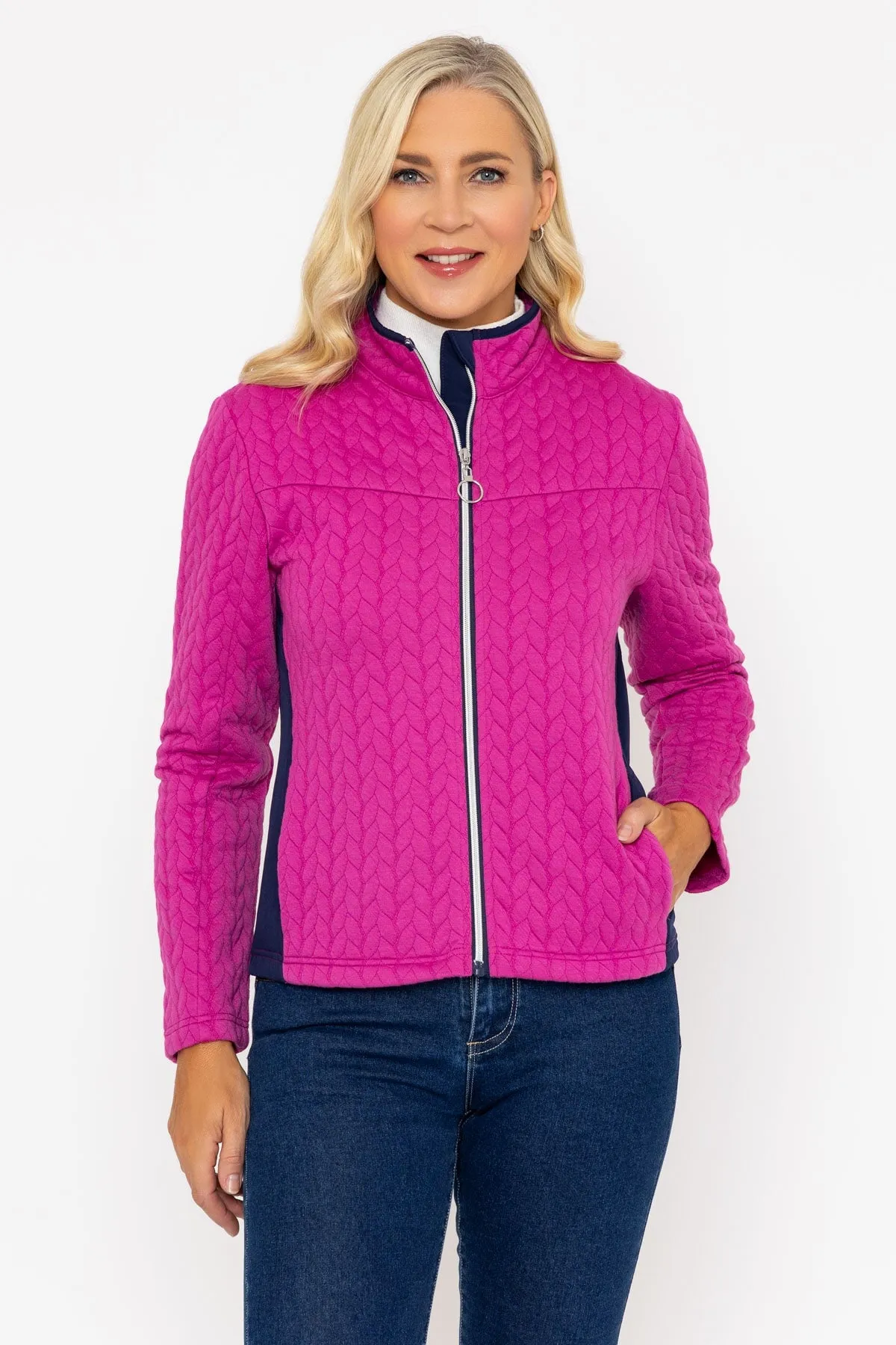 Magenta Textured Contrast Jersey Jacket