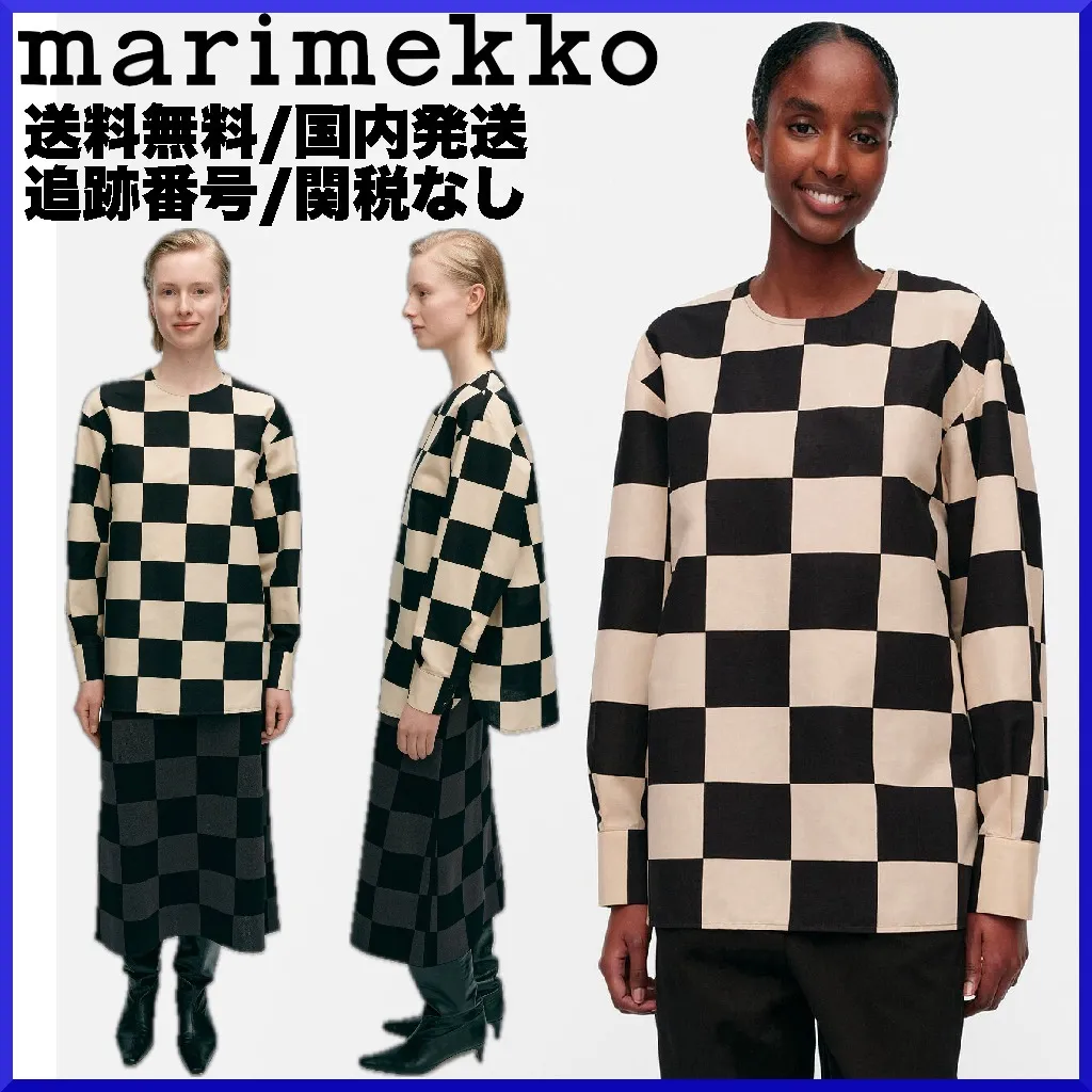 marimekko  |Crew Neck Other Plaid Patterns Linen Long Sleeves Cotton