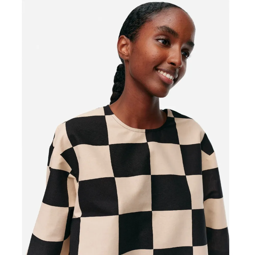 marimekko  |Crew Neck Other Plaid Patterns Linen Long Sleeves Cotton