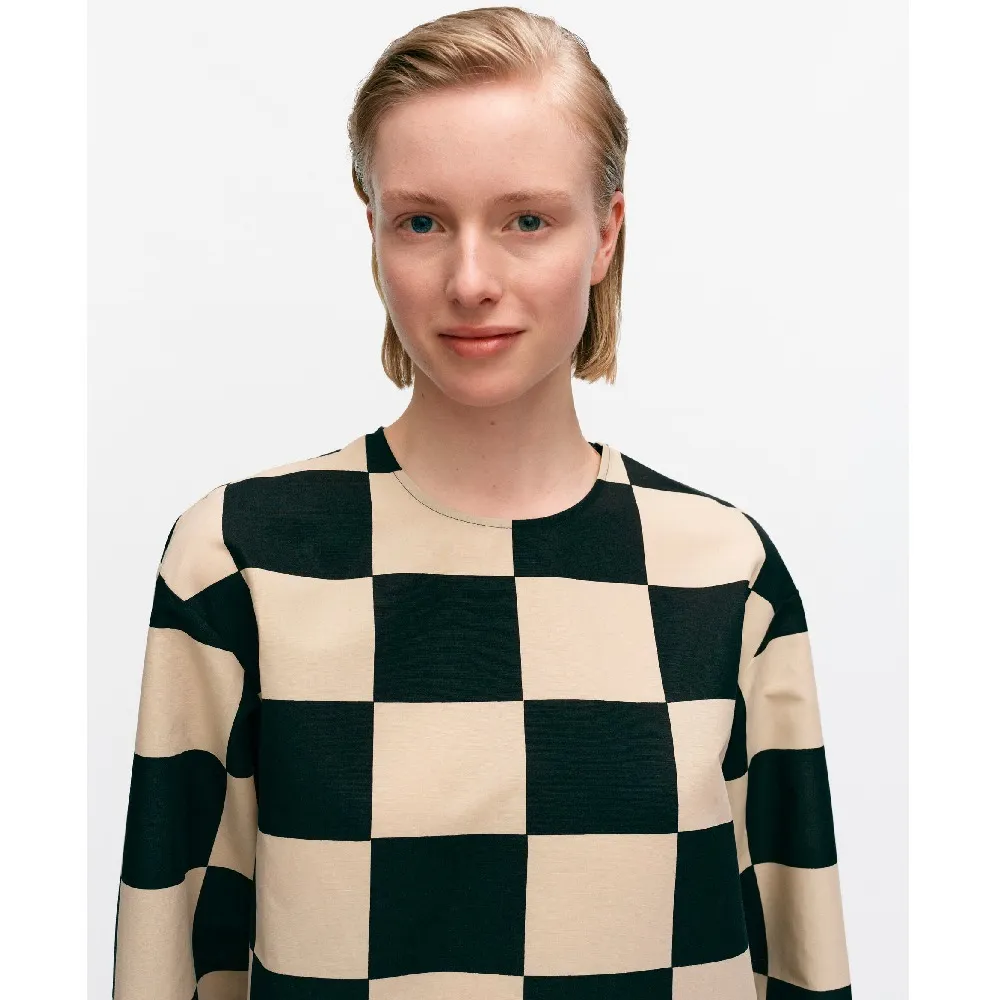 marimekko  |Crew Neck Other Plaid Patterns Linen Long Sleeves Cotton