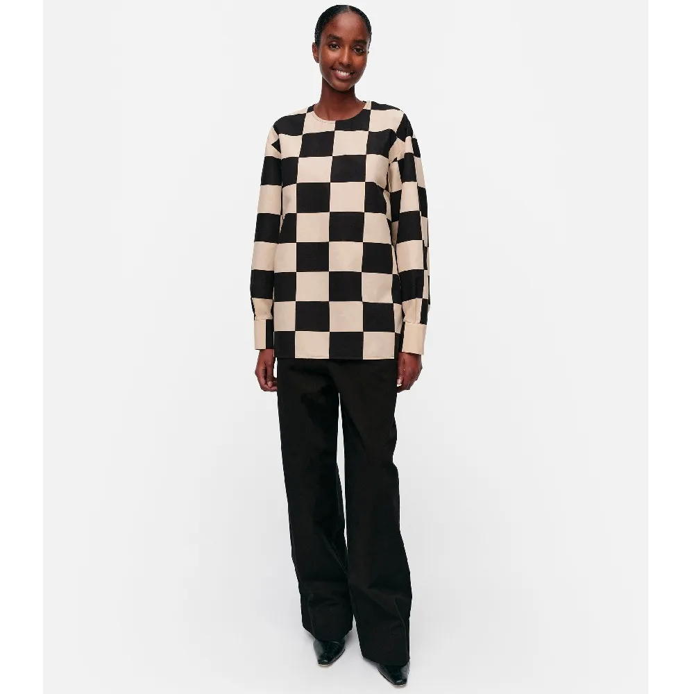 marimekko  |Crew Neck Other Plaid Patterns Linen Long Sleeves Cotton