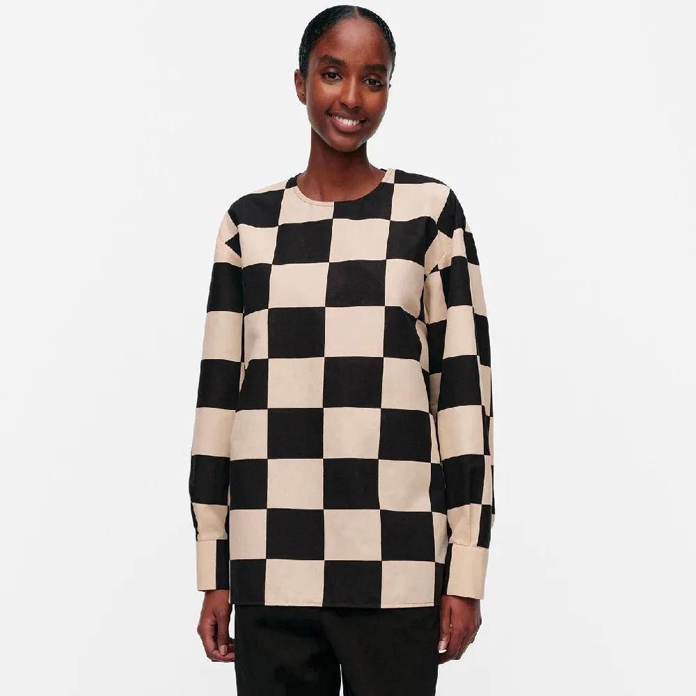 marimekko  |Crew Neck Other Plaid Patterns Linen Long Sleeves Cotton