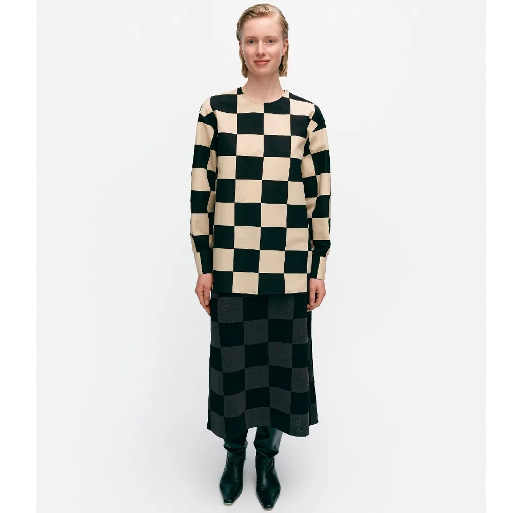 marimekko  |Crew Neck Other Plaid Patterns Linen Long Sleeves Cotton