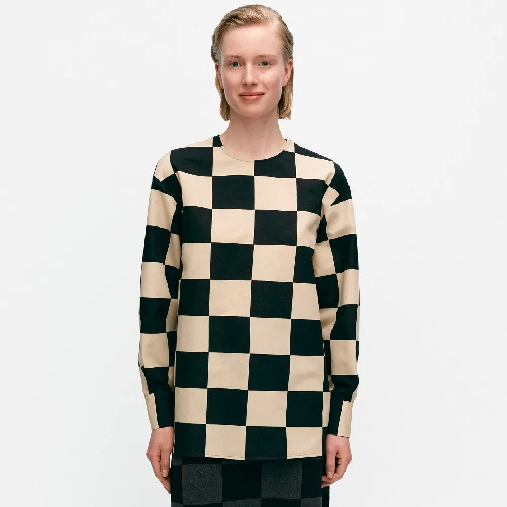 marimekko  |Crew Neck Other Plaid Patterns Linen Long Sleeves Cotton