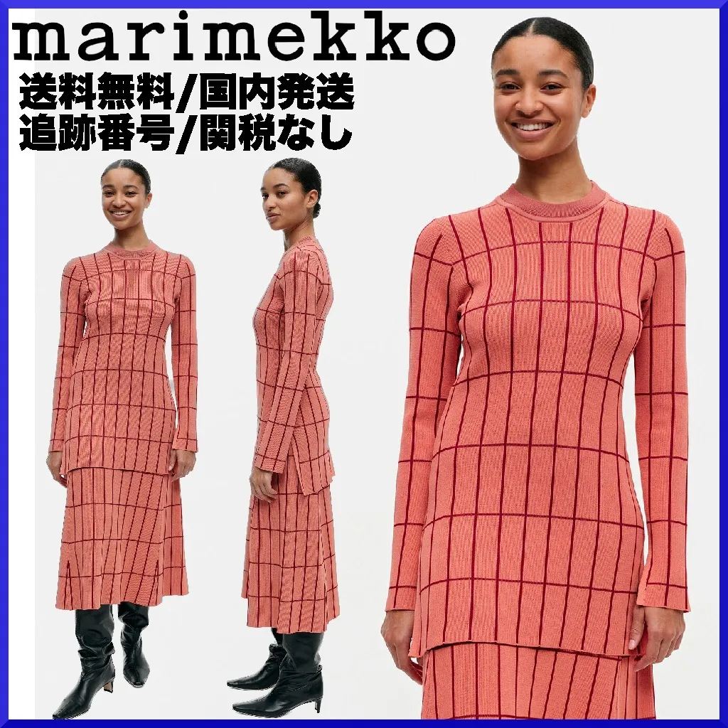 marimekko  |Crew Neck Other Plaid Patterns Nylon Rib Long Sleeves Cotton