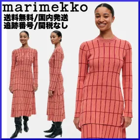 marimekko  |Crew Neck Other Plaid Patterns Nylon Rib Long Sleeves Cotton