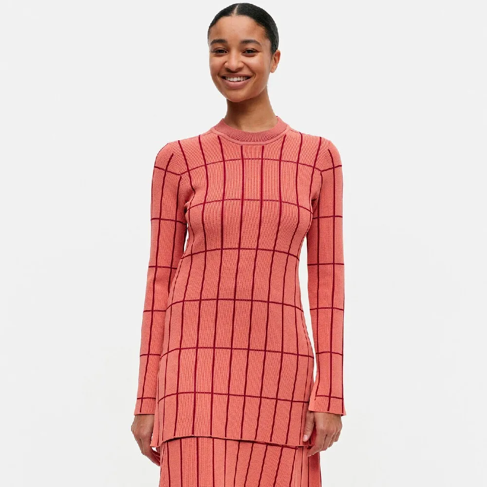 marimekko  |Crew Neck Other Plaid Patterns Nylon Rib Long Sleeves Cotton