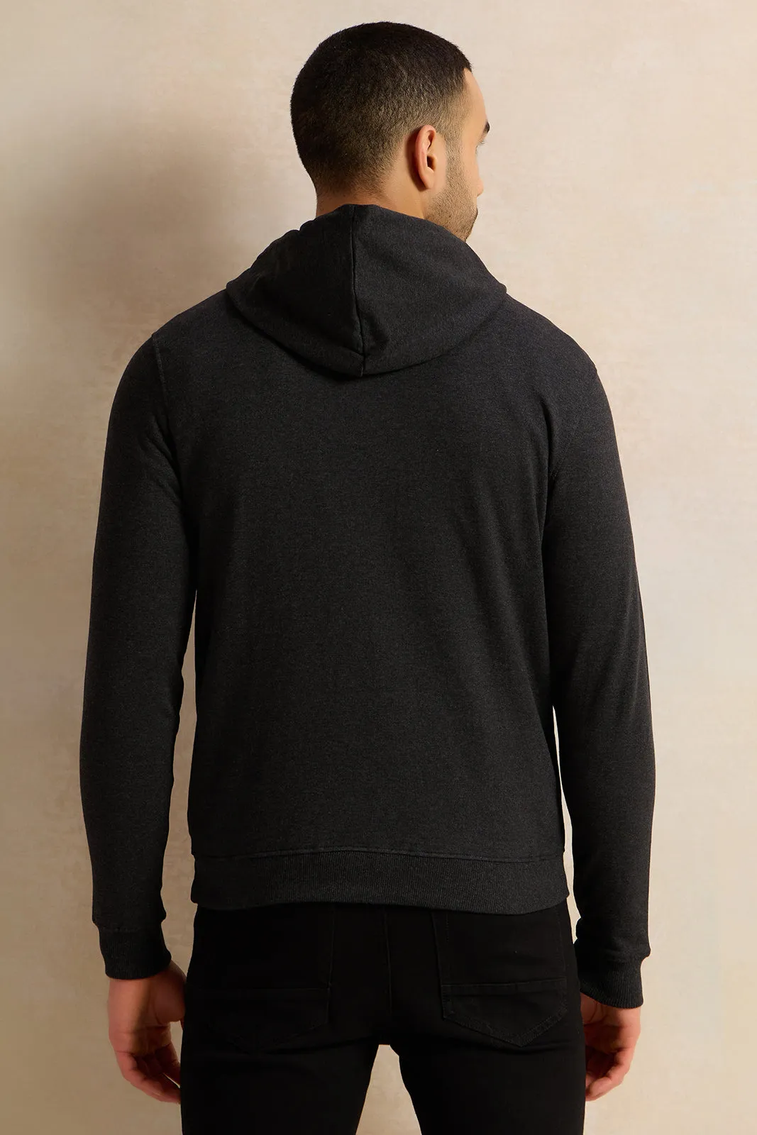 Men Charcoal Printed Hooded Sweatshirt