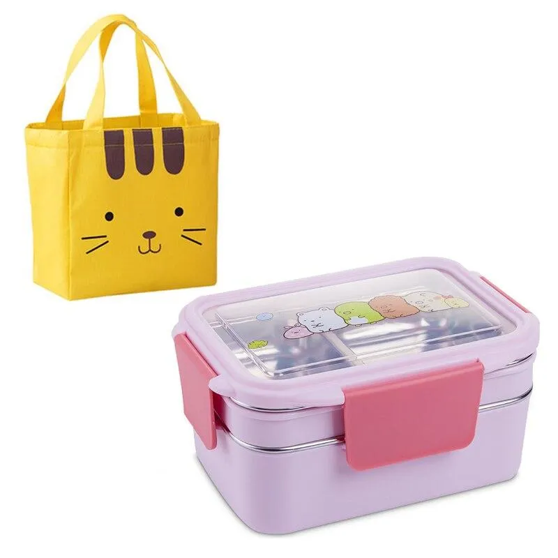 New Kids Stainless Steel Double Layers Cartoon Lunch Box With Bag