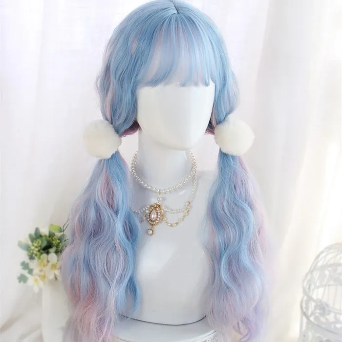 PASTEL PINK BLUE MIXTURE LONG CURLY WIG BY90072