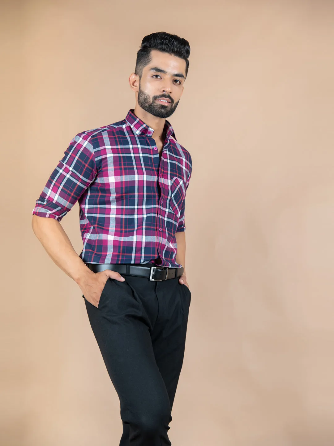 Pink and Navy Blue Plaid Checks Cotton Shirt