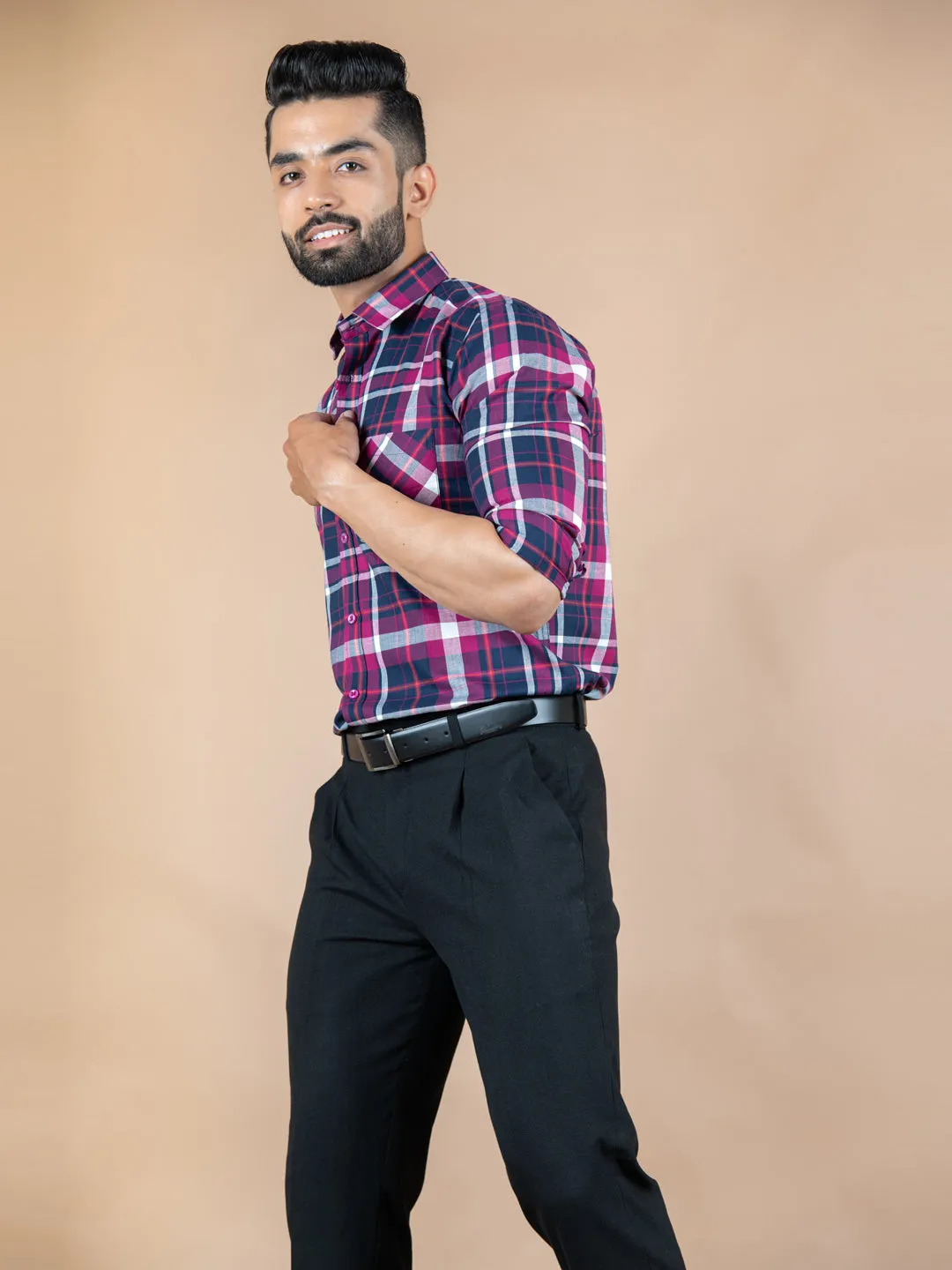 Pink and Navy Blue Plaid Checks Cotton Shirt