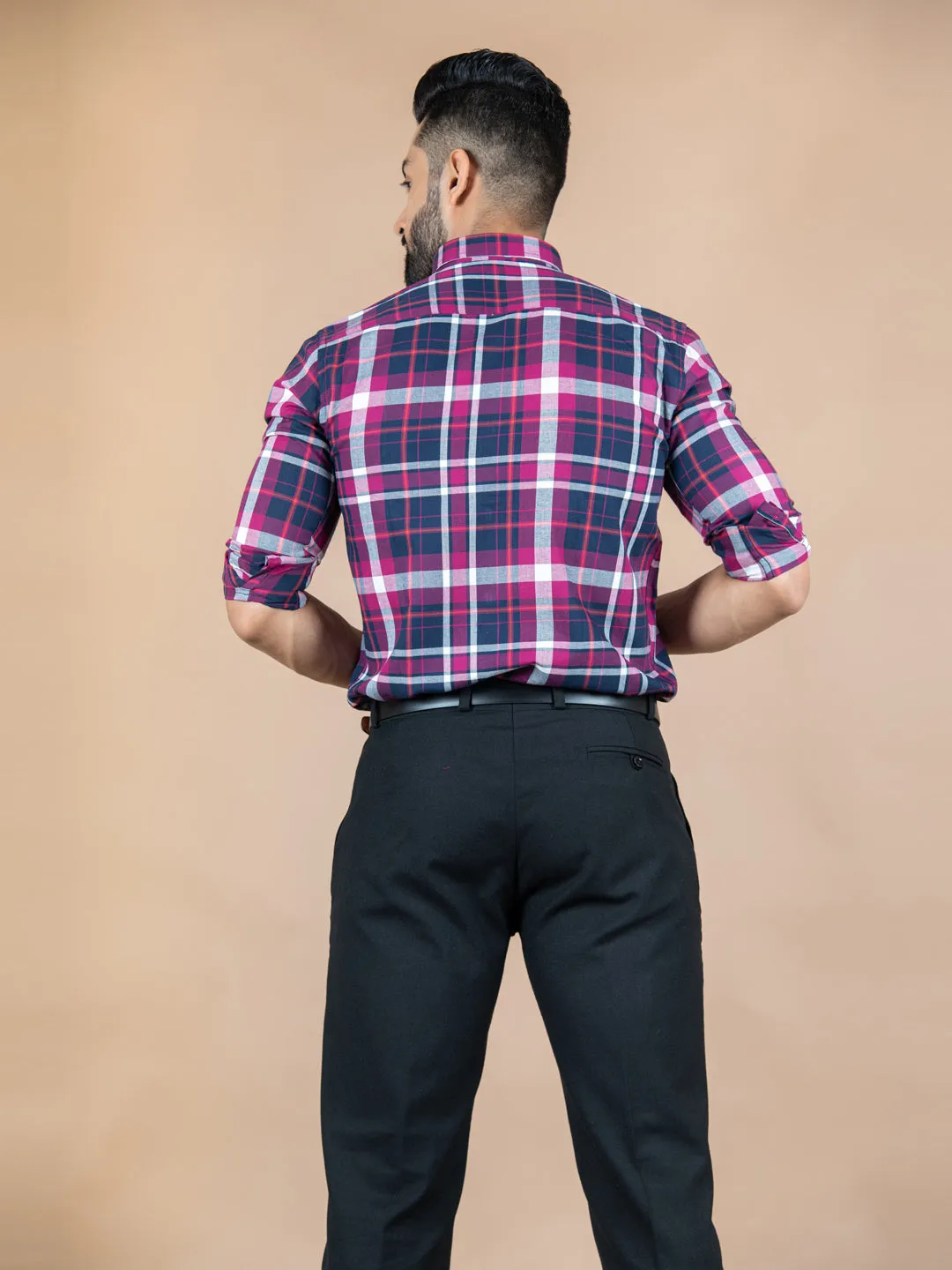 Pink and Navy Blue Plaid Checks Cotton Shirt