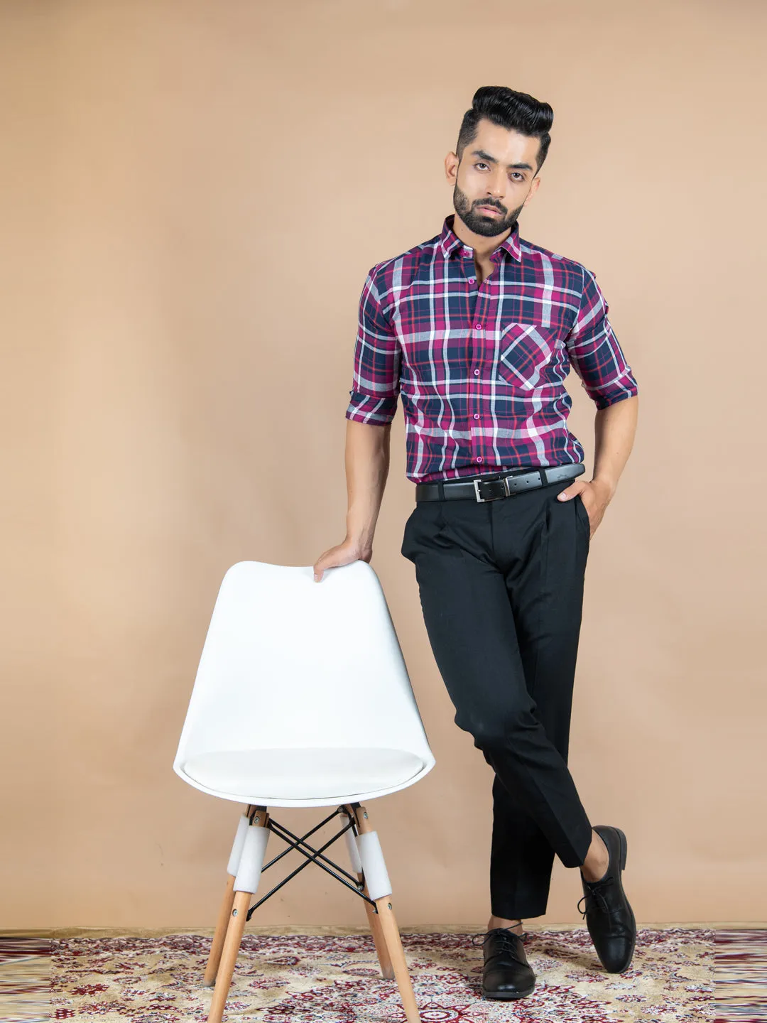 Pink and Navy Blue Plaid Checks Cotton Shirt