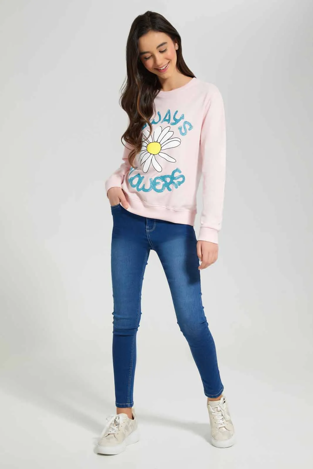 Pink Printed Sweatshirt For Senior Girls