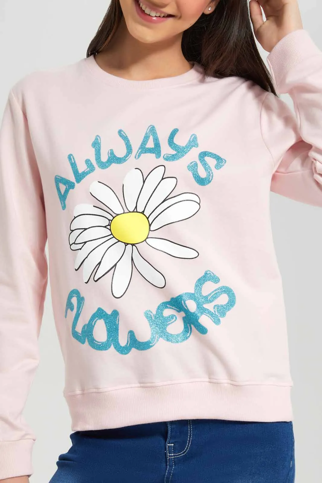 Pink Printed Sweatshirt For Senior Girls