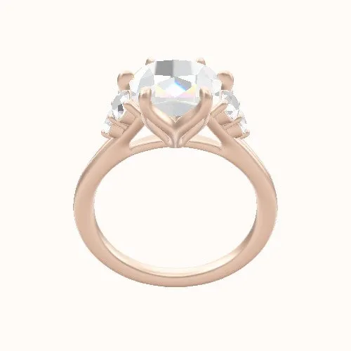 Plain Band with Round Sidestone Trio Engagement Ring With Petal Six Prong Head