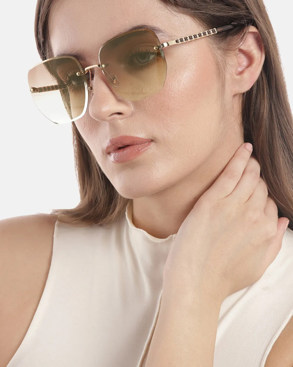 Premium Gold with Brown Toned & UV Protected Lens Rimless Oversized Sunglass for women