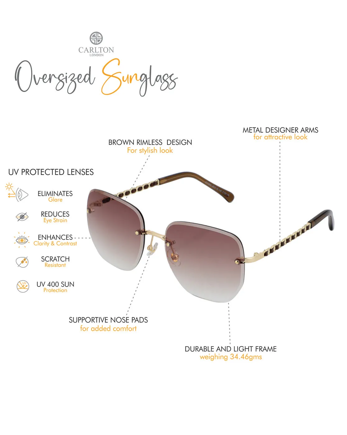 Premium Gold with Brown Toned & UV Protected Lens Rimless Oversized Sunglass for women