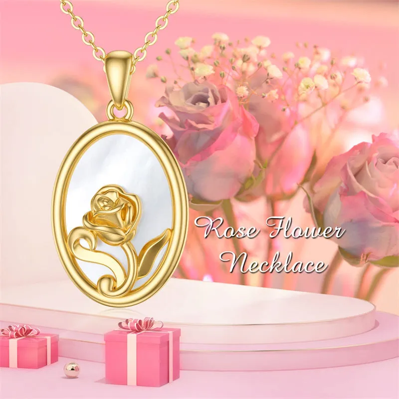 Rose Flower Pendant Necklace 14K Real Gold Flower Necklace for Women Valentine's Day Anniversary Birthday Mother's Day Fine Jewe