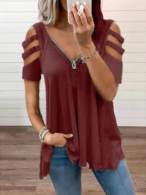 Stylish Wine Red Plaid Zipper V-Neck Blouse for Plus-Sized Women