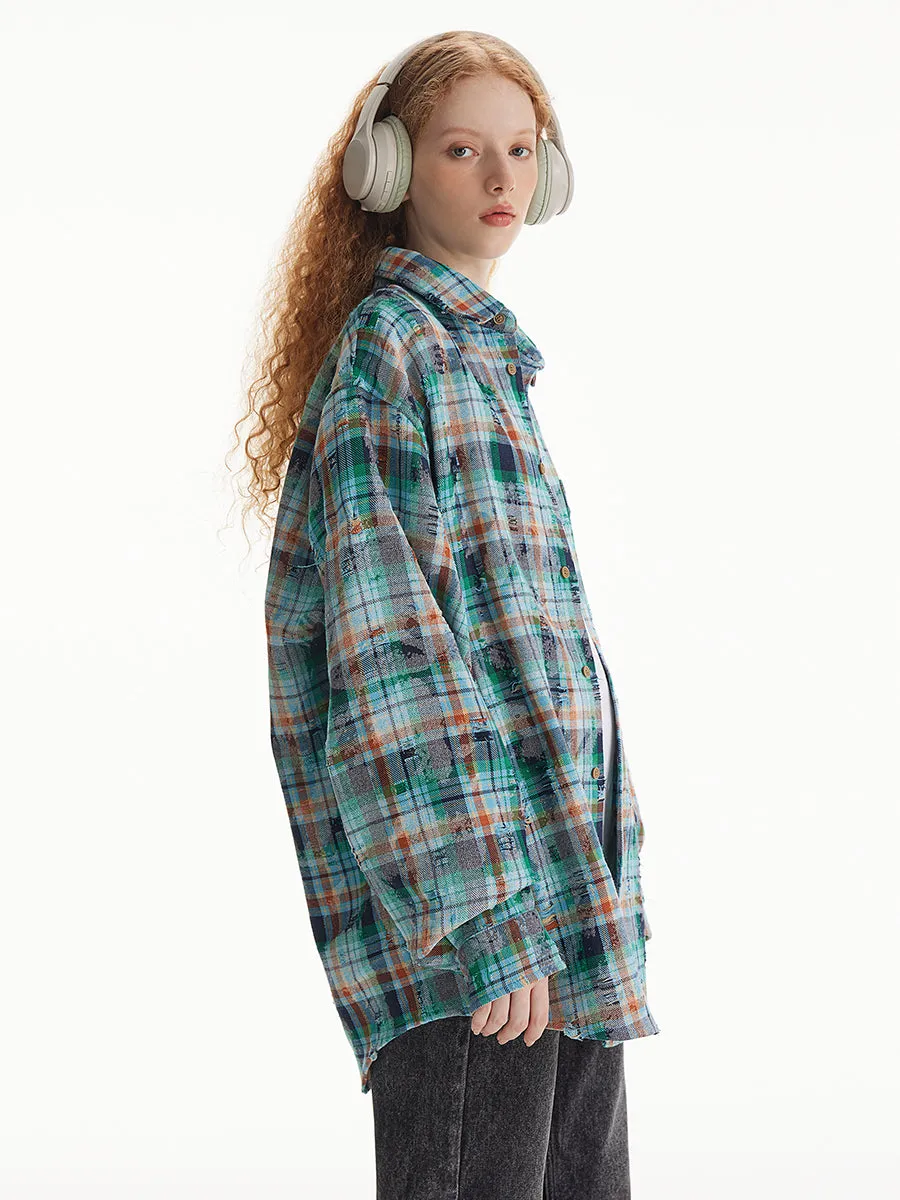 Unisex plaid long-sleeved shirt for women spring Loose plaid shirts top for men and women