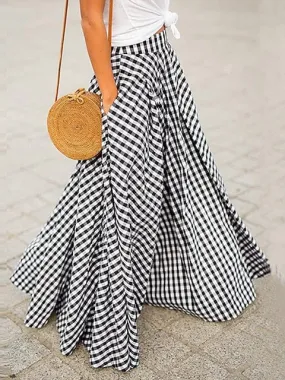 Women's Black and Blue Gingham Maxi Plaid Skirt with Pockets - S, M, L