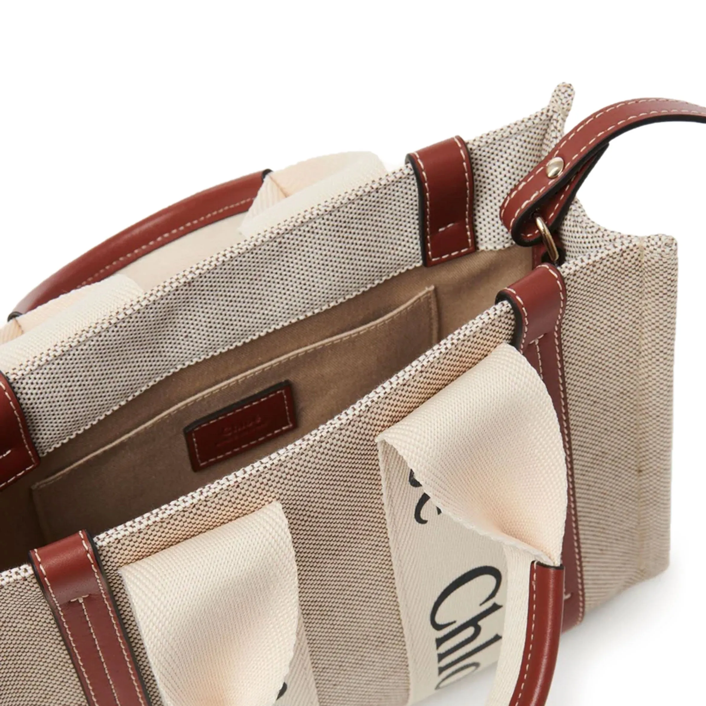 Woody Tote Small Strap Cotton, White/Brown