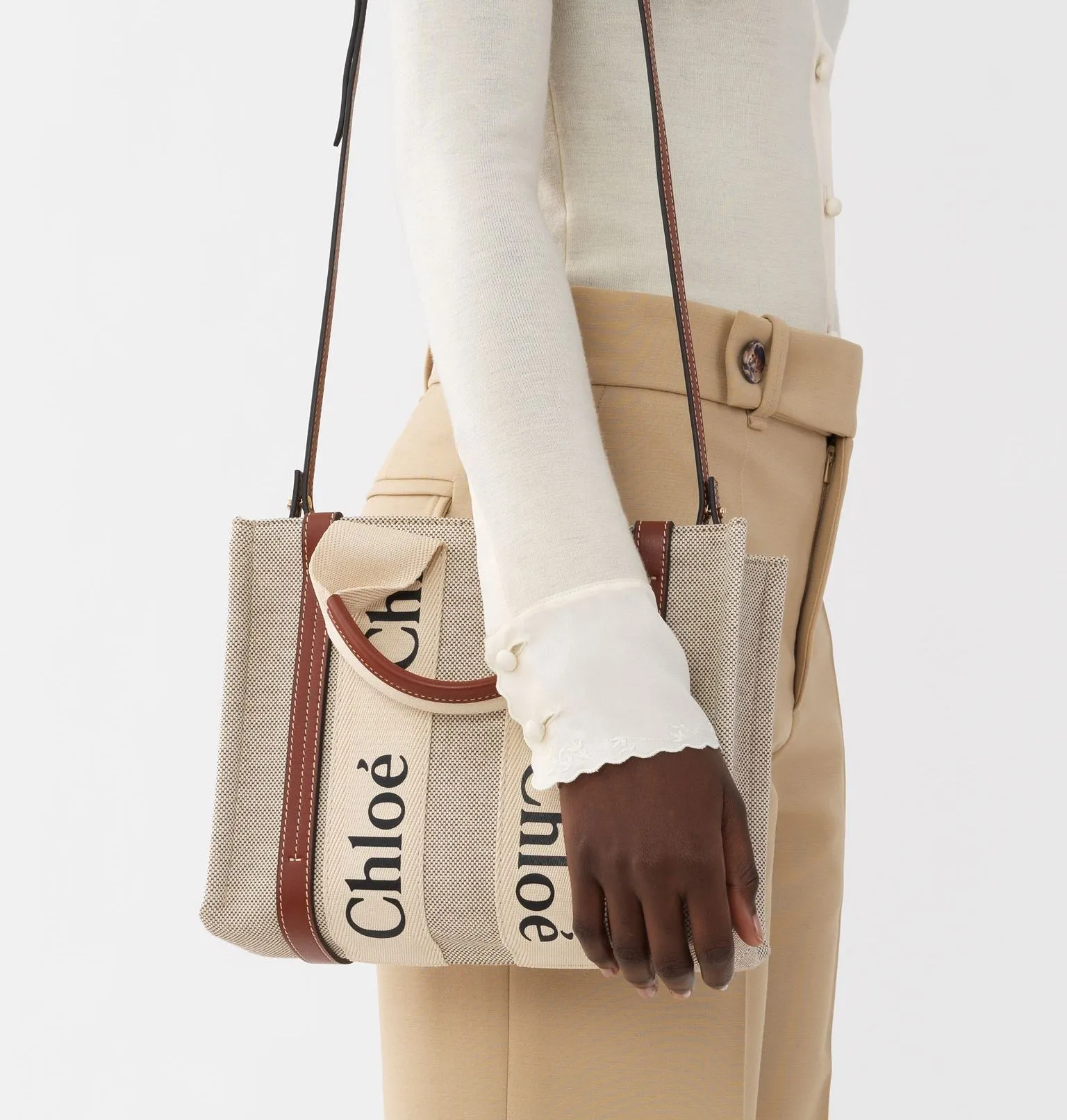 Woody Tote Small Strap Cotton, White/Brown